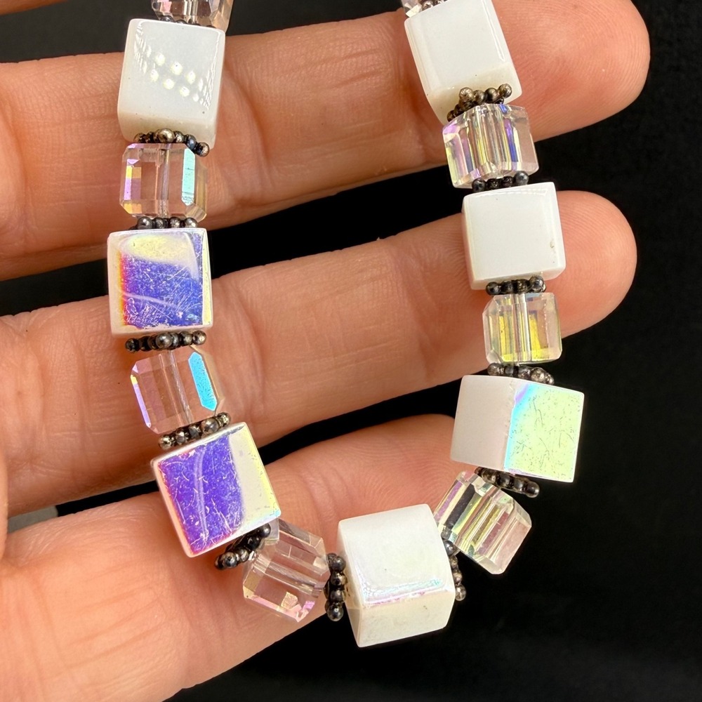 Vintage Beaded Bracelet Cubes Iridescent Sterling Silver Clasp 8"
